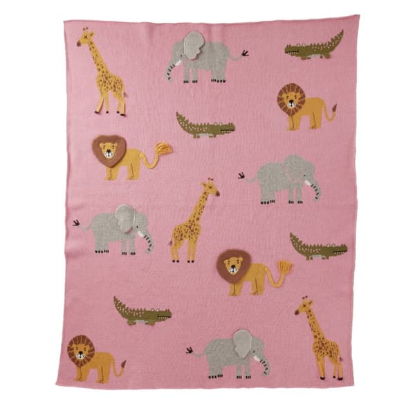 RICE Stickad babyfilt med djur och 3D-detaljer - Rosa