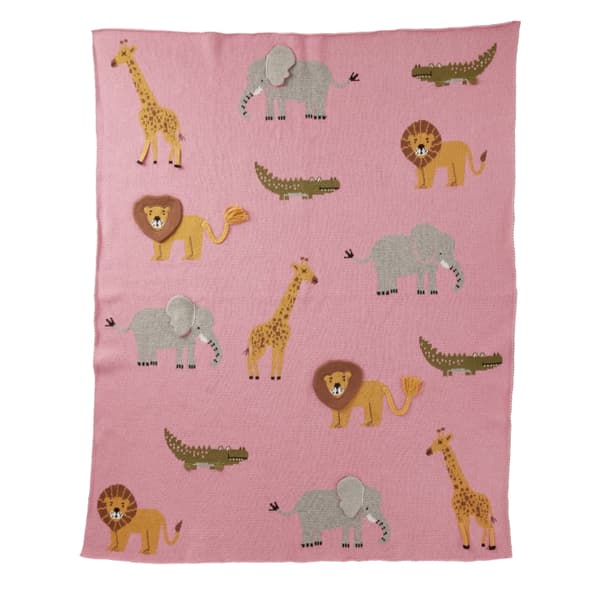 RICE Stickad babyfilt med djur och 3D-detaljer - Rosa