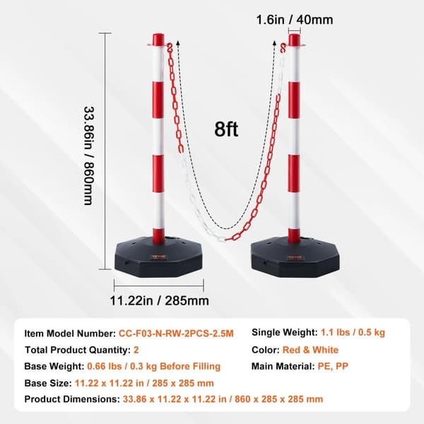 Trafiksikkerhedsafgrænser, Højdejusterbar, 8FT Kæde,8FT Kæde