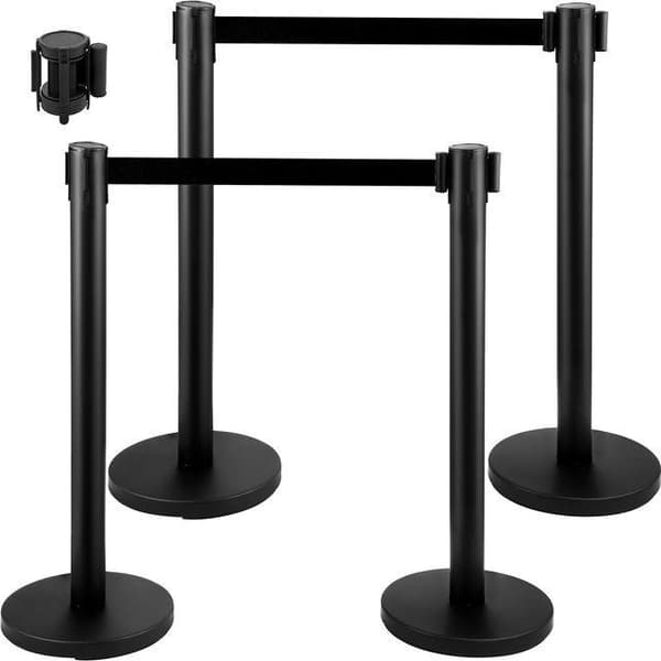4st 90cm höjd publikkontrollstång med 3m justerbart bälte, stålmaterial, 4-vägsanslutning, stabil bas, lätt att montera