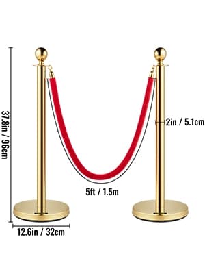 4st 96cm höjd gyllene publikkontrollstolpar med 3st 1,5m rep, solid metallbas, 4-vägsanslutning, lätt att montera
