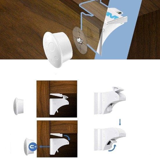 Magnetiska barnlås för skåp - 16 stycken - Ladeslot - Skåplås - Säkerhetslås för barn - Säkerhetskrokar - Vit