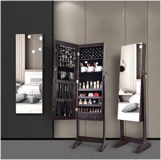 Multifunktionellt spegelskåp - Skåp - smyckeskåp - Träskåp - spegel - fristående - Space -Saving - Dark Brown - Wood