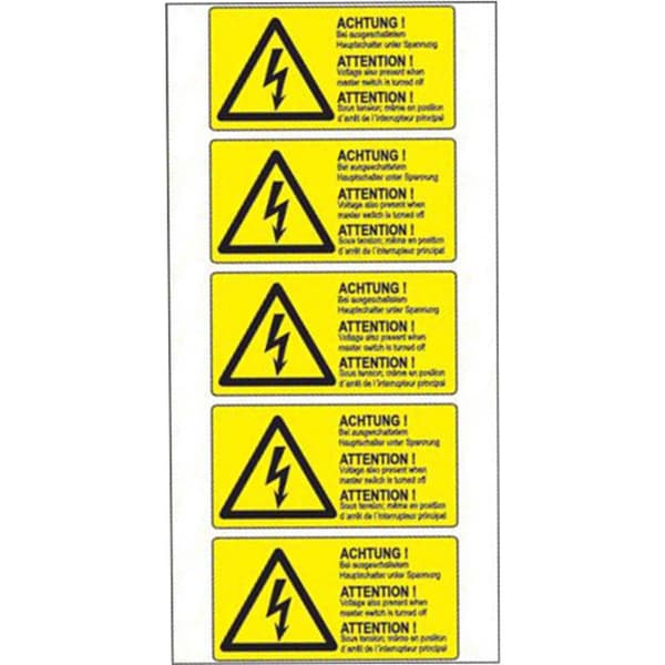 Kombinationsskylt, varningsskylt Även högspänning vid avstängd huvudbrytare Självhäftande folie (B x H) 74 mm x 37 mm T