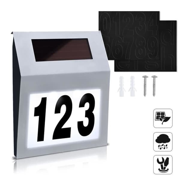 XMTECH LED Solar House Number i rostfritt stål, belyst husnummerlampa med 2 lysdioder och solpanel, Silver