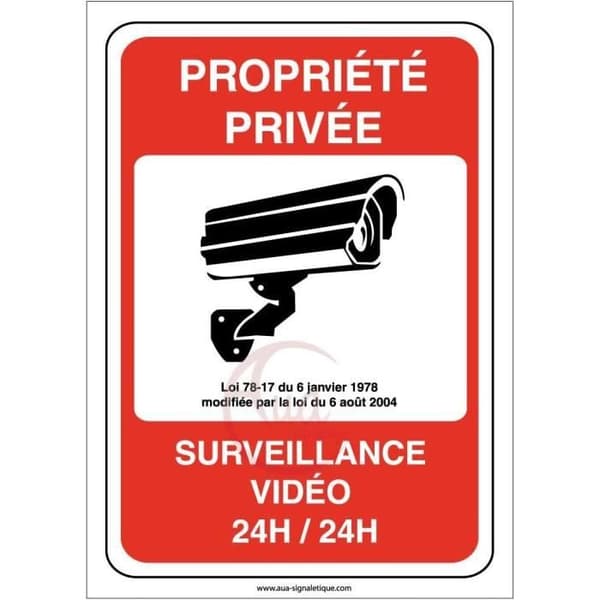 AUA SIGNALETIQUE - Skylt Privat egendom under videoövervakning 24 timmar om dygnet-450x630 mm,PVC 1.5mm