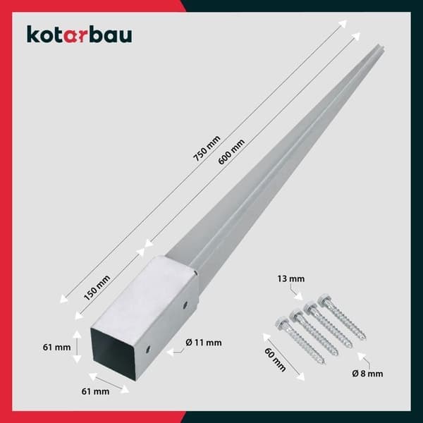 Stolpstöd av galvaniserat stål - Stolpe för staketstolpe - 61 x 61 mm - Längd 750 mm - KOTARBAU®