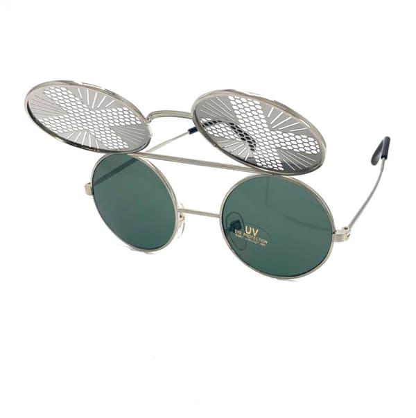 Round silver sunglasses with black lens and metal grill cross