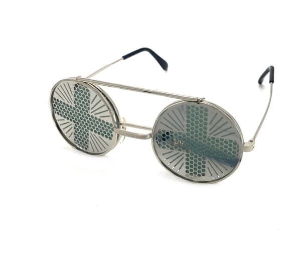 Round silver sunglasses with black lens and metal grill cross