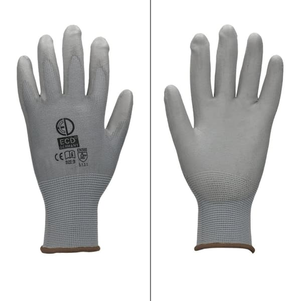 ECD Germany 60 par PU arbejdshandsker, størrelse 9-L, farve grå, mekanik handsker, arbejdshandsker Nylon Have, Builders, mekanik handsker