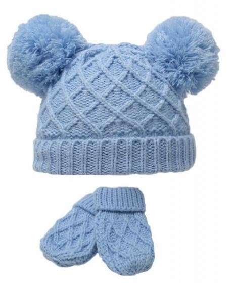 baby hatt och vantar Diamond Knit akrylblå 2-delad