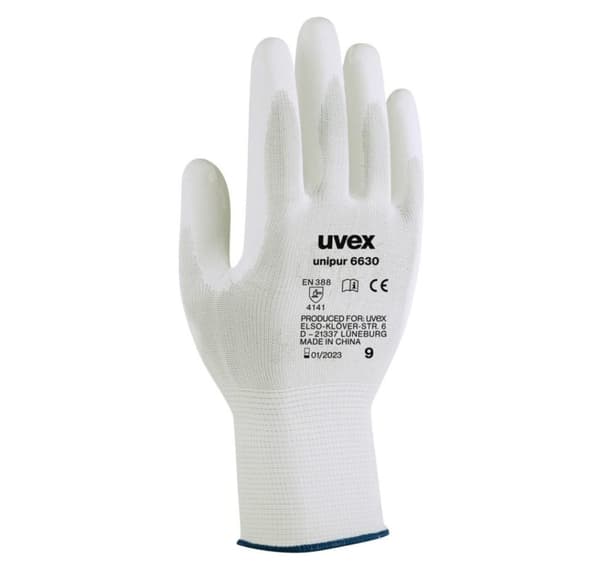 Sikkerhedshandsker Uvex Unipur 6630, nylon-PU-strikket, hvid, str. 10