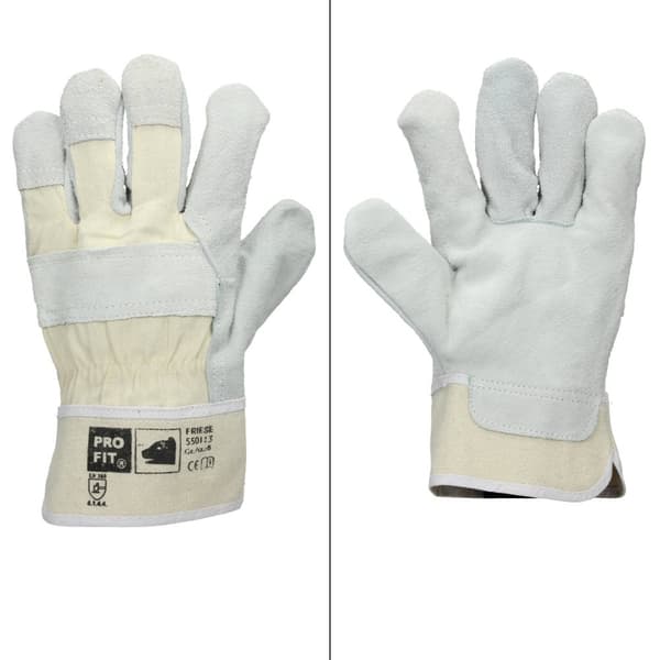 ECD Germany 12 Par Pro-Fit® Oksehudshandsker Størrelse 8/M - Natur - med Canvas Manchet - Læder Arbejdshandsker Oksehud Beskyttelseshandsker