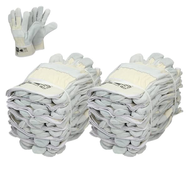 ECD Germany 24 Par Pro-Fit® Oksehudshandsker Størrelse 11/XXL - Natur - Canvas Manchet - Læder Arbejdshandsker Oksehud Beskyttelseshandsker