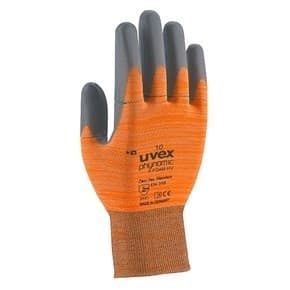 Set med 5 produkter. Vernehansker Uvex Phynomic X-Foam, oransje, størrelse 8