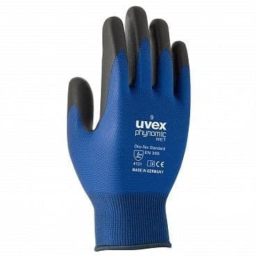 Sæt med 3 produkter. Sikkerhedshandsker Uvex Phynomic WET, Polyamid/elastan med Aqua polymer belægning til våde områder, blå. Størrelse 11