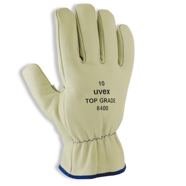 Set med 4 produkter. Hansker Uvex Top Grade 8400, skinn, rynket mansjett, størrelse 11