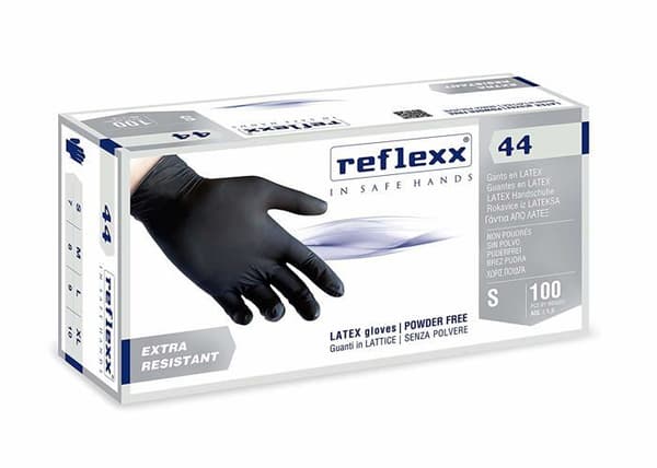 Reflexx bygghandske - R44/S - R44 Svarta latexhandskar, puderfria, S, Svarta, 100