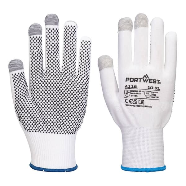 Portwest Grip 13 PVC-prikkede touchscreen-handsker 12 par A118W7R L