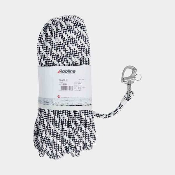 Fallina med insplitsad skothake Robline Sirius 300, polyester-kärna, 24-flätat polyester-hölje, vit/blå Tamputförande: 35 meter x Ø12 mm