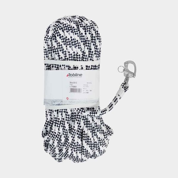 Fallina med insplitsad skothake Robline Sirius 300, polyester-kärna, 24-flätat polyester-hölje, vit/blå Tamputförande: 35 meter x Ø12 mm