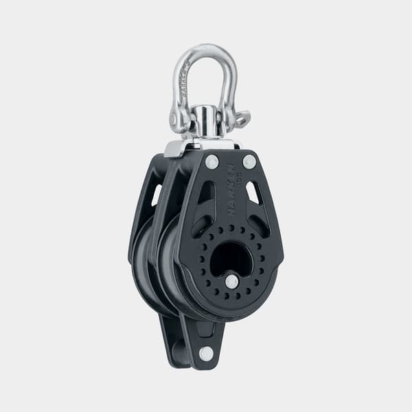 Dubbelblock med schackel Harken Carbo Air 40 mm, fast/roterande, glidlagrat, med hundsvott, passar tampar Ø6 - 10 mm