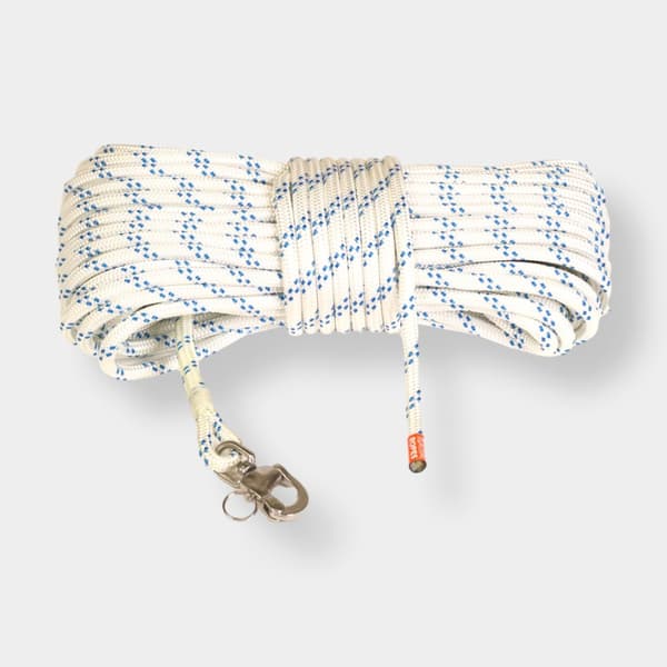 Fallina med insplitsad skothake Kaya Ropes Lupes Plain, polyester-kärna, 24-flätat polyester-hölje, vit/blå Tamputförande: 45 meter x Ø12 mm