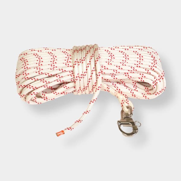 Fallina med insplitsad skothake Kaya Ropes Lupes Plain, polyester-kärna, 24-flätat polyester-hölje, vit/röd Tamputförande: 45 meter x Ø12 mm