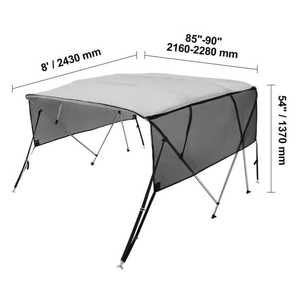 85-90 tum 4 bågar bimini topp båtskydd med avtagbara mesh sidoväggar, UV50+ strålskydd, aluminium ram