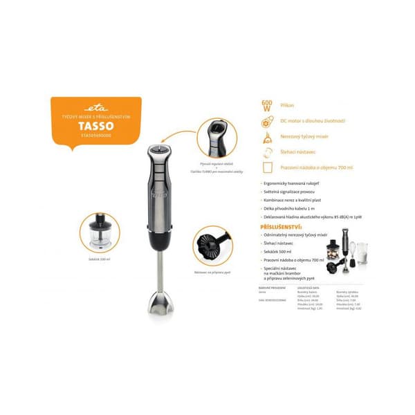 ETA | ETA505690000 TASSO | Hand Blender | 600 W | Number of speeds 6 | Turbo mode | Black
