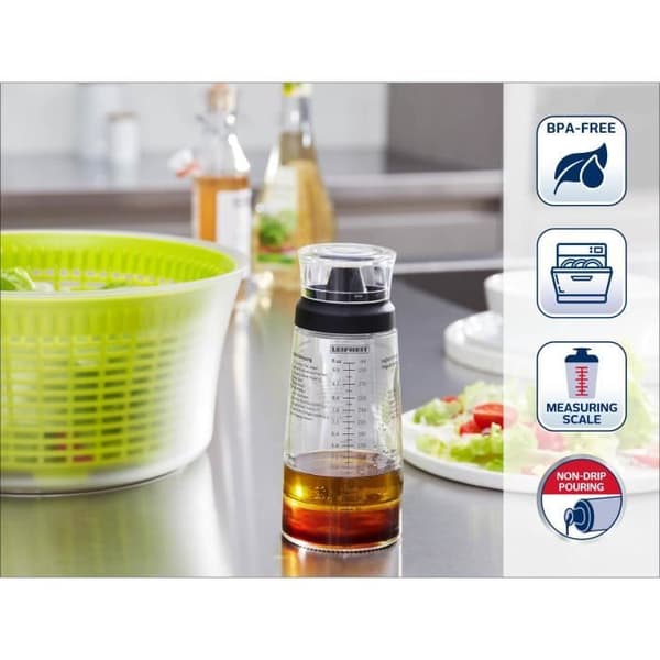 Shaker för vinägrett Leifheit 3195, graduerad vinägrettblandare på 300 ml med droppfri hällpip, 5 recept ingår