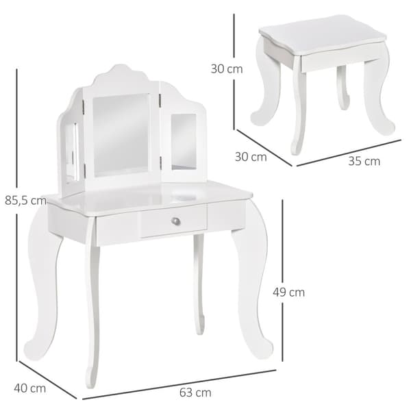 Rootz Lasten pukeutumispöytäsetti - Vanity - Beauty Desk - edistää itsenäisyyttä - 63L x 40W x 85,5H CM - Valkoinen akryyli