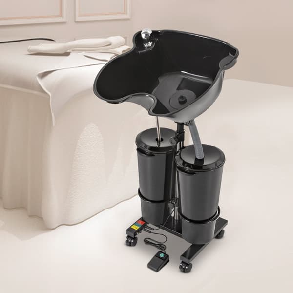 Kannettava shampoopöytä, säädettävä korkeus, kaksoisämpärisuunnittelu, ergonominen kaari,musta