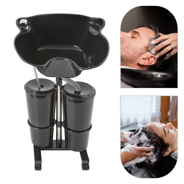 Kannettava shampoopöytä, säädettävä korkeus, kaksoisämpärisuunnittelu, ergonominen kaari,musta