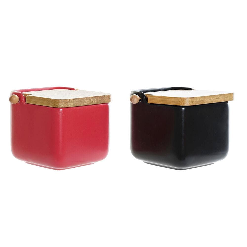 Salt Shaker with Lid DKD Home Decor Natural Red Black Bamboo Dolomite (15 x 12 x 11 cm) (2 pcs)