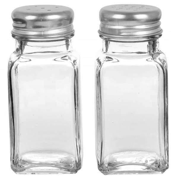Salt- og peberbøsser, et sæt gennemsigtige krydderikrukker af glas