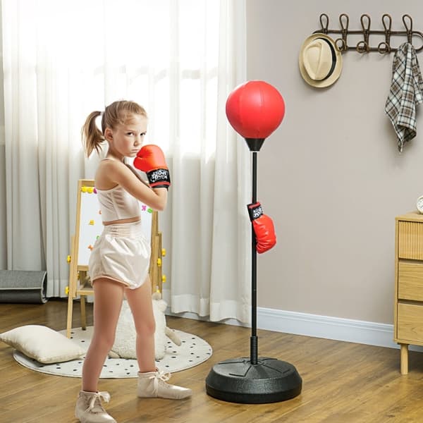 Rootz børneboksesæksæt med justerbar højde - Boksesæt til børn - fjederbufferstativ - sikre materialer - rød - 44,3 cm x 122,5-147 cm
