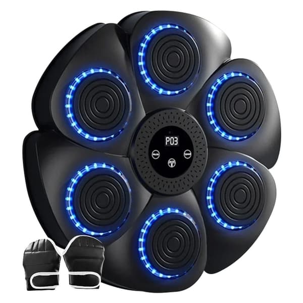 Smart Bluetooth Musikboxningsmaskin, Justerbara hastighetsinställningar, Interaktiva RGB-lampor,Svart med handskar