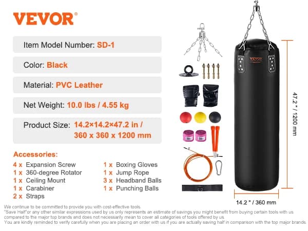 VEVOR Slagpåse, Hållbart PVC-läder, Lättviktsdesign,14,2x14,2x47,2 tum