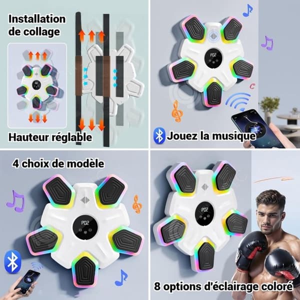 INN Boxningsmaskin 45 x 45 x 4 cm musikinstrumentboxningsmål Bluetooth intelligent trådlös, lämplig för vuxna och barn, vit