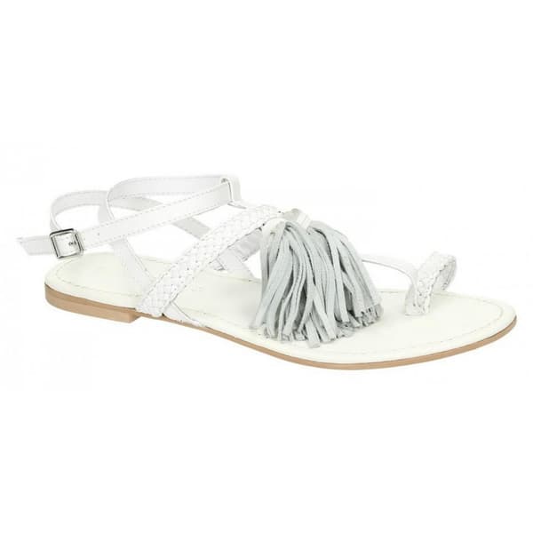 Leather Collection Womens/Ladies Flat Toe Loop Sandals With Decorative Tassels White 8 UK