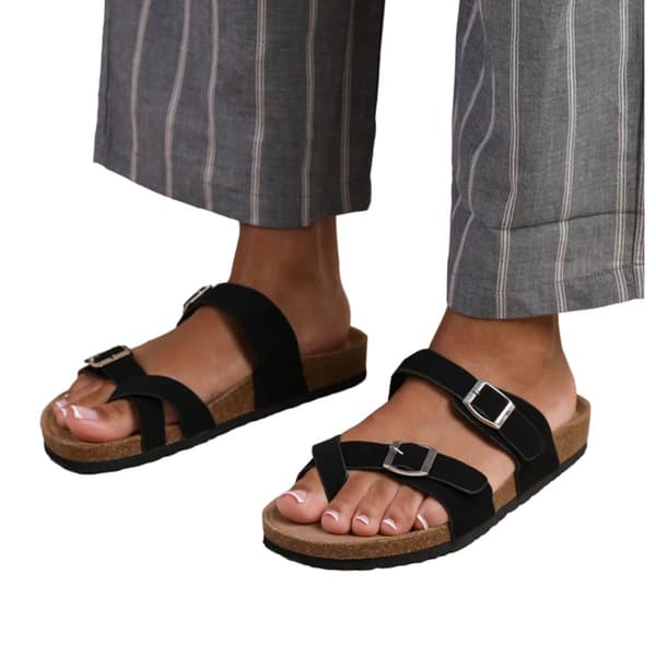 Where's That From Womens/Ladies Rio Buckle Faux Leather Double Strap Flat Flip Flops Black 4 UK