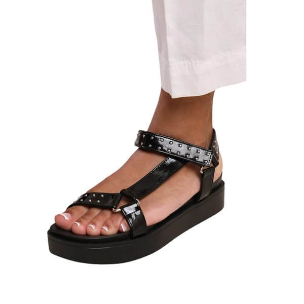 Where's That From Dam/Ladies Hawaii Studded Patent Leather Multi Strap Wide Sandals