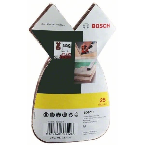 Set med 25 slipark - BOSCH - 2607017113 - Korn 80/120/180 - Tillbehör till musslip - Grå