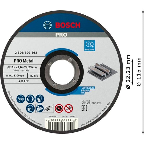 Kapskiva - BOSCH - Standard för metall - 115x1,6 MM - Maxhastighet 80 m/s - Platt nav