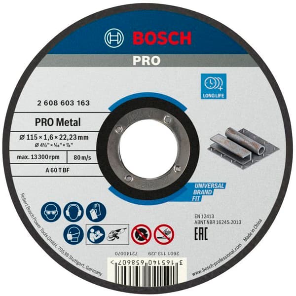 Kapskiva - BOSCH - Standard för metall - 115x1,6 MM - Maxhastighet 80 m/s - Platt nav