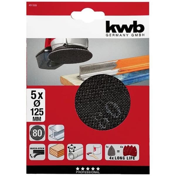kwb 491308 Slippapper för slipmaskin Korn 80 (Ø) 125 mm 5 st.
