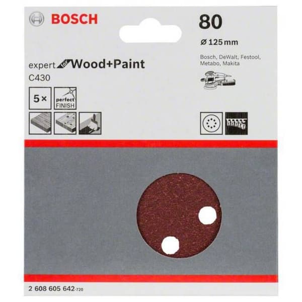 BOSCH C430 slipskivor för slipmaskin - 8 hål - Paket om 5 - Ø 125 mm - Korn 80