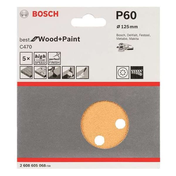 Slipskivor - BOSCH - Ø 125 mm - 5 stycken - Korn 60 - 8 hål
