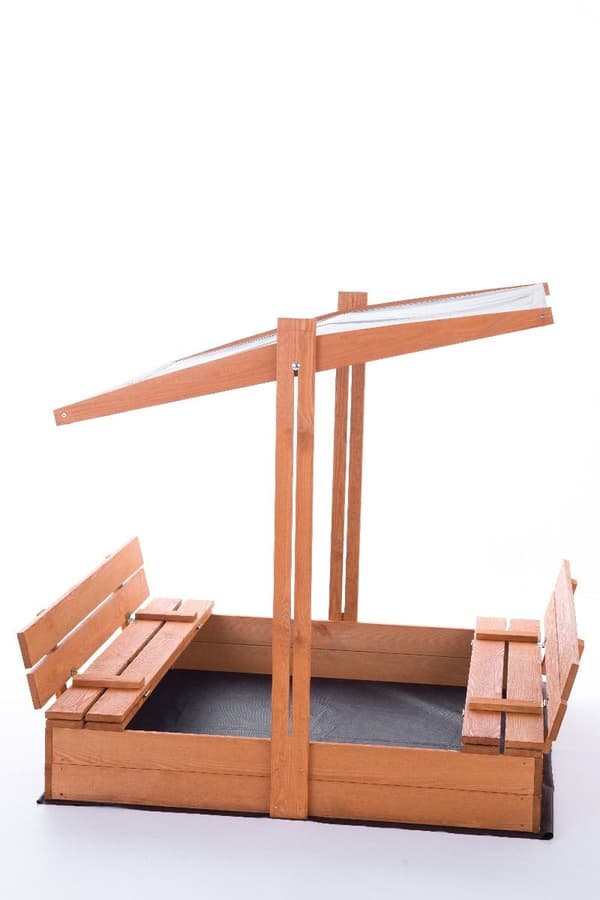 Sandkasse - træ - med tag og bænke - 140x140 cm - grå